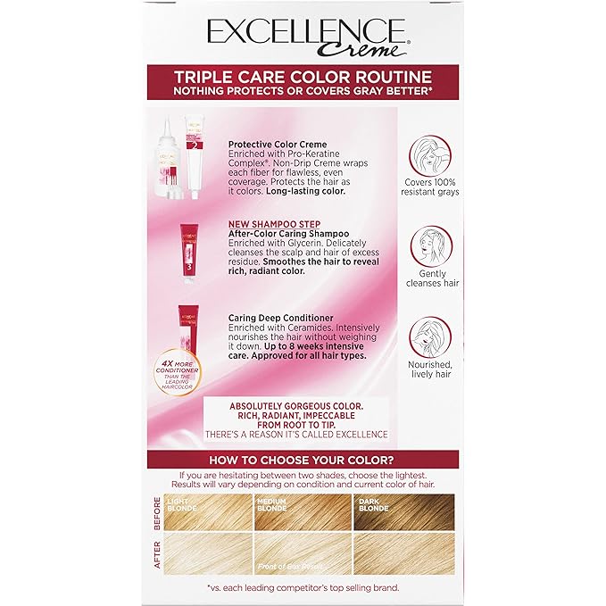 L'Oreal Paris Excellence Creme Permanent Triple Care Hair Color, 10 Lightest Ultimate Blonde, Gray Coverage For Up to 8 Weeks, All Hair Types, Pack of 1