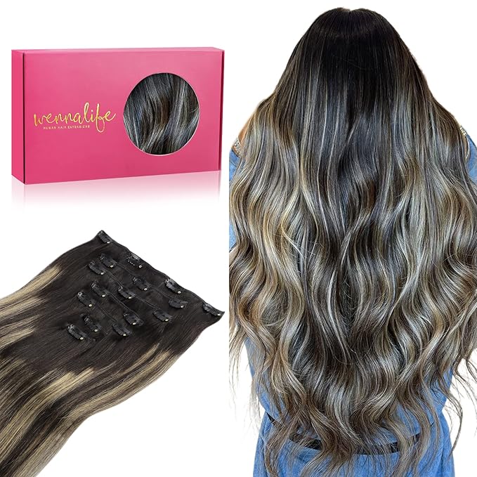 WENNALIFE Clip in Human Hair Extensions, 20 Inch 120g 7pcs Balayage Natural Black to Light Blonde Hair Extensions Clip in Human Hair Remy Clip in Hair Extensions Real Human Hair Double Weft