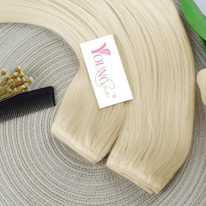 YoungSee Wire Hair Extensions Blonde Invisible Wire Hair Extensions Real Human Hair Platinum Blonde Wire Hair Extensions with Transparent Line Can Be Ironed And Dyed for Women 12In 70G