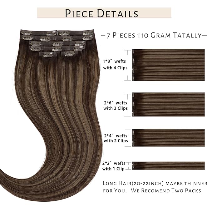 Caliee Seamless Hair Extensions Human Hair 20Inch Technology Invisi-PU Weft Clip in Hair Extensions R2-2-6 Chestnut Brown Mixed Dark Brown Thick Soft Silky Straight Hair Extensions for Women 110G 7Pcs