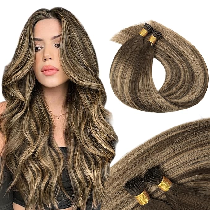 MAXITA I Tip Hair Extensions Human Hair, Balayage Chocolate Brown to Caramel Blonde 100g/50s 22 Inch,Comfortable Wear, 100% Remy Human Hair, Real Human Itip Keratin Hair Extensions