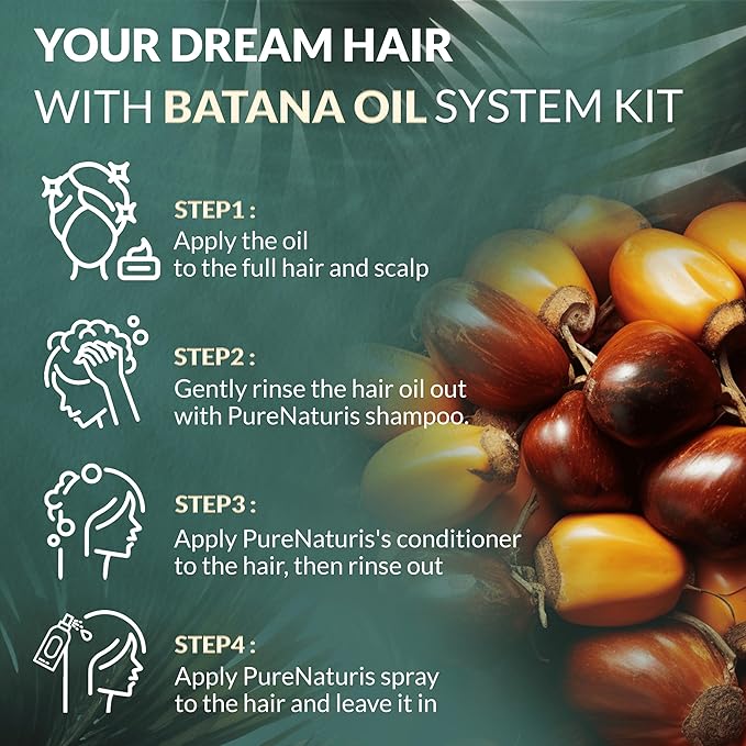 100% Natural Raw Organic Batana Oil Sulfate-Free Complete Hair Growth , Anti-Hair Loss & Repair System Kit – Shampoo, Conditioner, Hair Mask, & Leave-In Spray | Thickness & Prevents Loss for Men Women