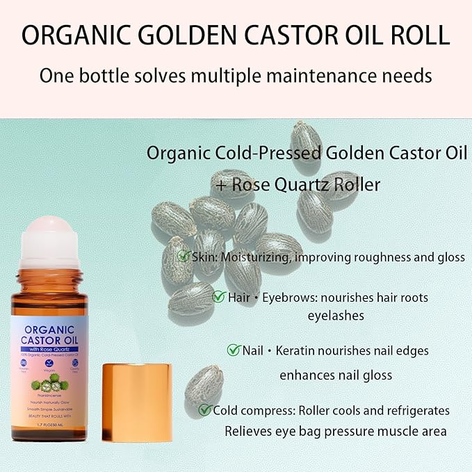 Organic Castor Oil with Rose Quartz Roller, 100% Pure Cold-Pressed, Organic Castor Oil Roll On Rose Quartz, Hexane-Free,Amber Glass Bottle for Skin 1.7oz (1)