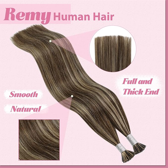 YoungSee Itip Hair Extensions Real Human Hair Brown I Tips Hair Extensions for Women Highlight Dark Brown and Blonde Itip Hair Extension for Long Hair 24In Invisible Keratin Hair Extension 50g 50s