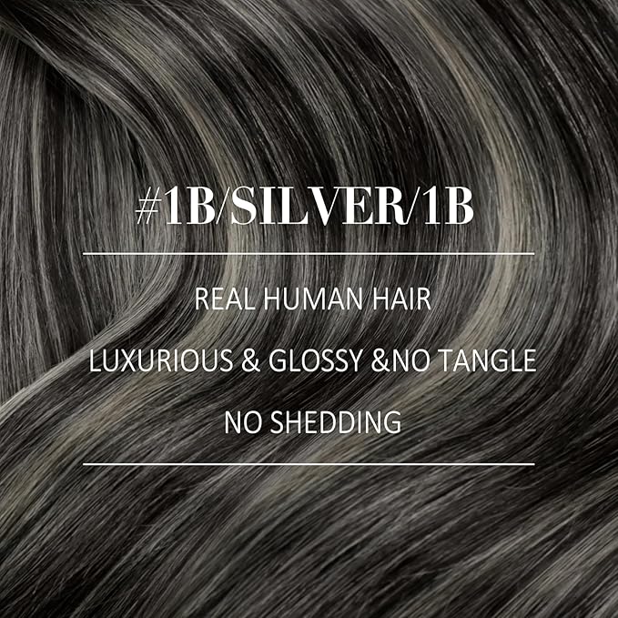 YoungSee Clip in Hair Extensions Ombre Black Hair Extensions Clip ins Blend of Black and Silver with Black Roots Invisible Clip in Hair Extensions Human Hair Easy to Wear 16Inch 120G 7Pcs