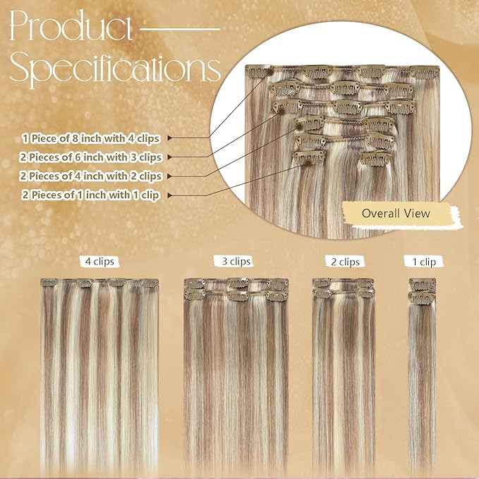 Blonde Human Hair Extensions Clip Ins 12 Inches 75g Light Brown Mixed Bleach Blonde Hair Clip Extensions for Women #8/22/8 Straight Silky 7pcs