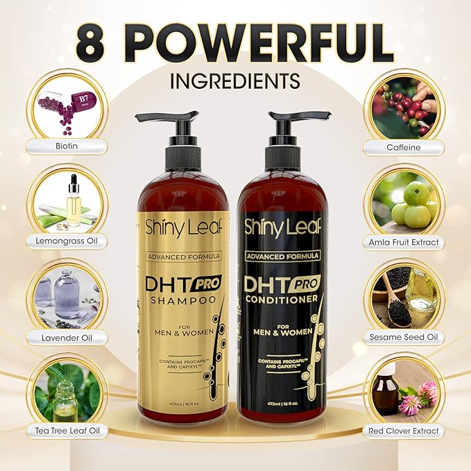 Shiny Leaf DHT Blocker Shampoo And Conditioner Bundle With Procapil, Capixyl, Biotin, Castor Oil – Professional Strength Hair Growth Shampoo And Conditioner Sets for Men And Women (4x16 Fl.Oz)
