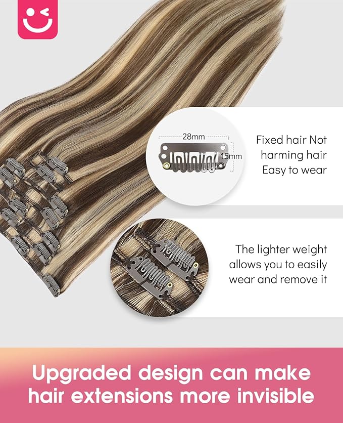 Youngsmile Real Human Hair Clip in Extensions, Clip in Hair Extension Human Hair, Thick End,18 Inch 120 Gram 7Pcs, Chocolate Brown Highlighted mixed Caramel Blonde (CLIP#4P27-18Inch)