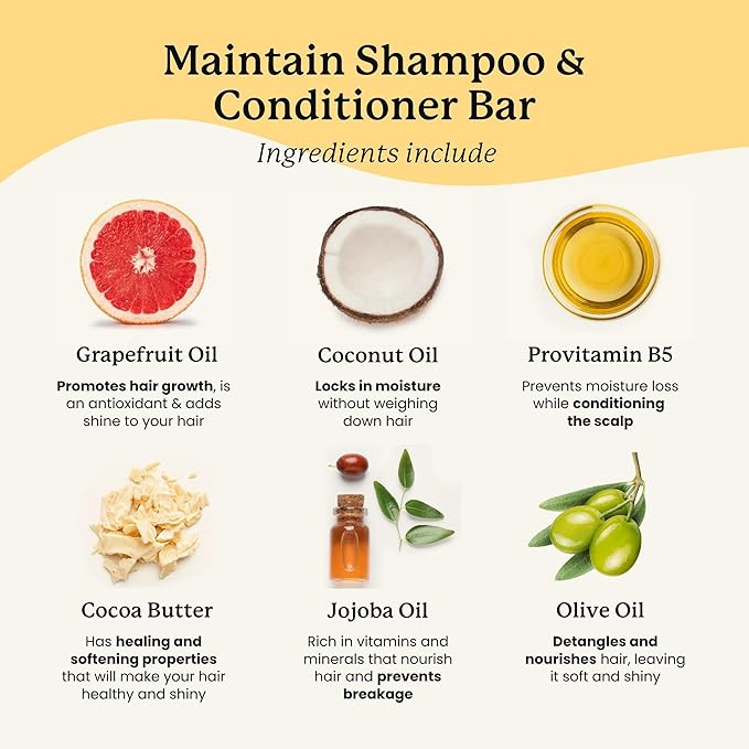 Naturel Maintain Shampoo and Conditioner Bar Set with Grapefruit Oil and Castor Oil for Hair Growth and Shine, Vegan and Cruelty Free, Zero Waste, Made in USA