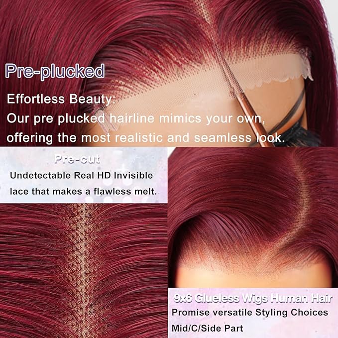 99j Burgundy Lace Front Wigs Human Hair Pre Plucked 9x6 HD Lace Red Wig Human Hair Wear And Go Glueless Wigs 220 Density Red Straight Wig for Women with Baby Hair 28Inch