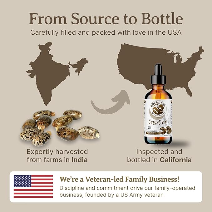 Bella Terra Oils - Organic Castor Oil 2oz Glass Bottle - Pure & Cold-Pressed, Rich in Stearic Acid for Skin & Hair Care