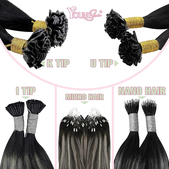 YoungSee K Tip Human Hair Extensions Ombre U Tip Extensions Human Hair Straight Ktip Real Hair Extensions Natural Black Roots to Silver Grey Balayage Hair Extensions K Tip 50g 22inch 50s