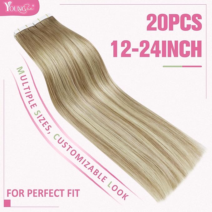 YoungSee Tape in Human Hair Extensions Balayage Tape ins Hair Extensions Ombre Golden Brown to Blonde Real Hair Tape in Extensions Human Hair 18 Inch 20pcs 50g Invisible Hair Extensions Human Hair