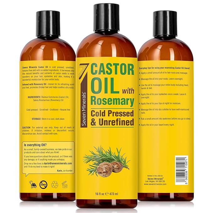 Seven Minerals Cold Pressed Castor Oil with Rosemary - 16 fl oz Bottle - Unrefined & Hexane Free - Hair Growth, Thicker Eyelashes & Eyebrows, Dry Skin Care, Joint and Muscle Pain (Pack of 1)