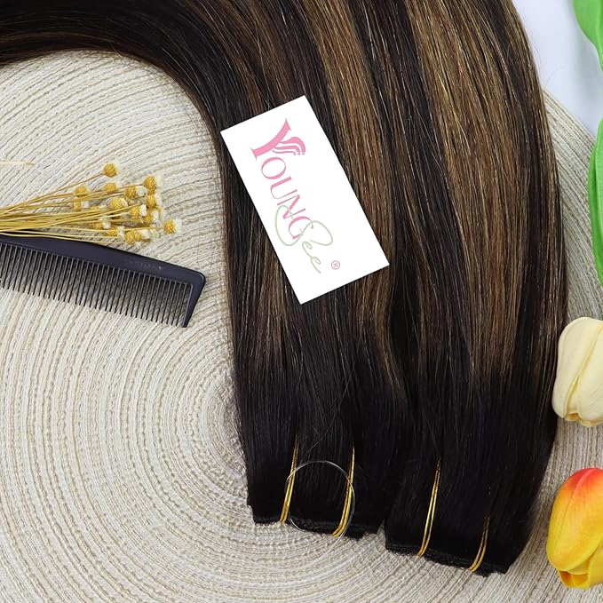 YoungSee Wire Extensions Balayage Straight Real Hair Wire Extensions Balayage Darkest Brown to Medium Brown Headband Wire Hair Extensions Real Human Hair Brown Silky Smooth Hair Extensions 18In 80G