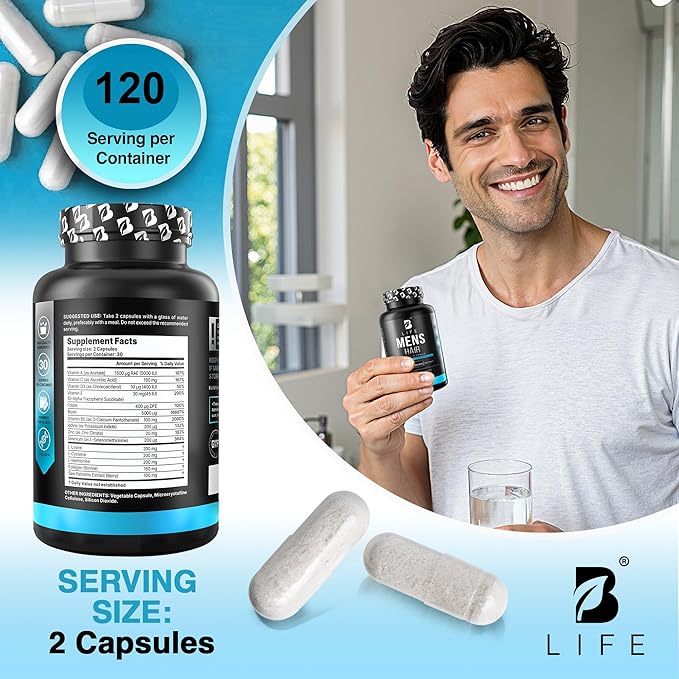 Men’s Hair Growth Supplement – Biotin & Collagen Hair Vitamins for Men – Thicker, Fuller Hair, Nail & Scalp Support – Hair Loss Supplement with Zinc, Selenium & Vitamins A C D E – 240 Capsules