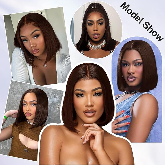 XZZ Chocolate Brown Wear and Go Glueless Wigs Human Hair Pre Plucked Pre Cut 16 Inch 9x6 Brown Bob Wig Human Hair Glueless HD Lace Closure Wig Short Bob Wig Bleached Knots 200% Density for Women