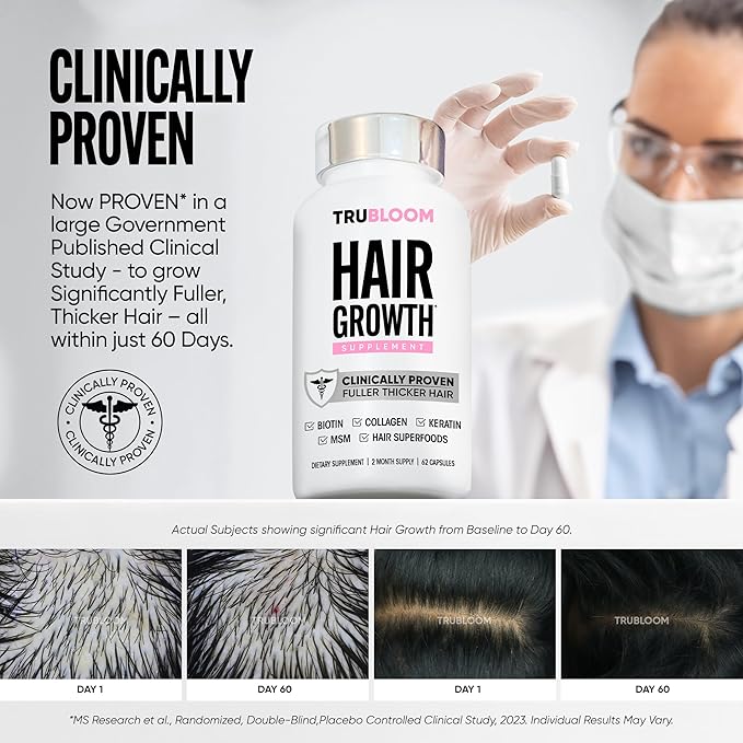 Tru Bloom Hair Growth Vitamins - 2 Month Supply. Clinically Proven to Grow Fuller, Thicker Hair. Drug-Free with Biotin, Collagen, Keratin, MSM, Zinc, D3 + Hair Superfoods