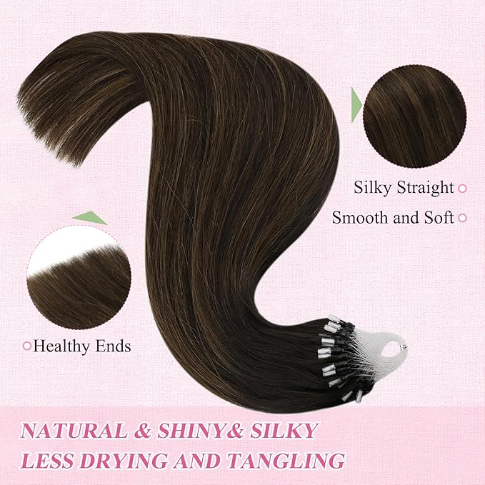 YoungSee Microbead Hair Extensions Brown Micro Loop Hair Extensions Real Human Hair Balayage 18 Inch Micro Ring Hair Extensions Dark Brown Ombre Bead Hair Extensions Silky Straight for Girls 50g 50s