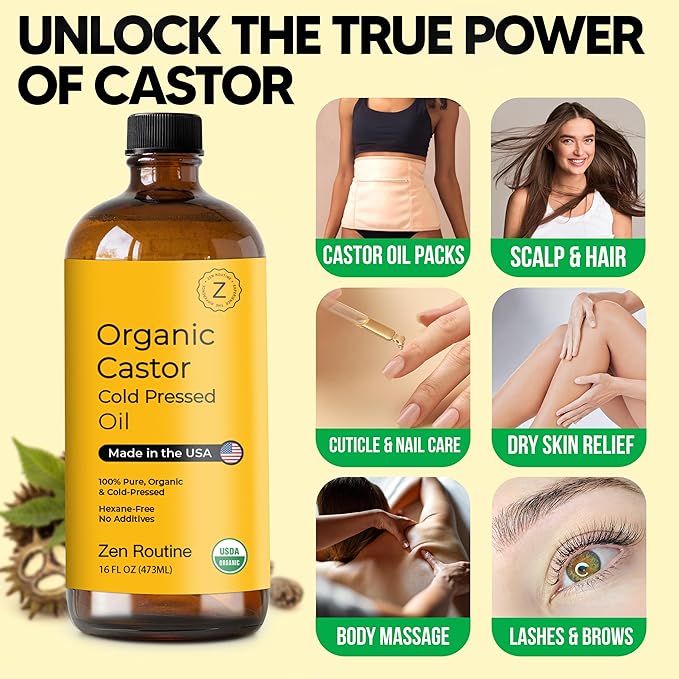 Zen Routine Organic Castor Oil (BIG Glass Bottle - 32oz) Hexane Free – Hair Growth Oil, Eye Lashes & Stomach – Pure 100% Cold Pressed Unrefined Oil for Castor Pack – USDA Certified, Made in the USA