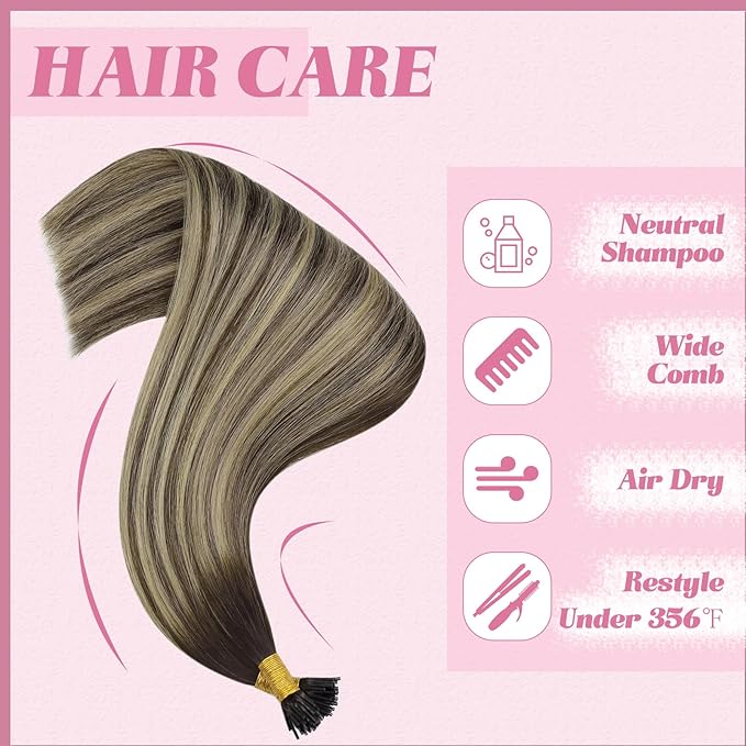 YoungSee Itip Human Hair Extensions Balayage Tip Hair Extensions Ombre Dark Brown with Ash Blonde I Tips Hair Extension for Women 80s I-Tips Extensions Real Human Hair Silky Straight 16Inch 50g