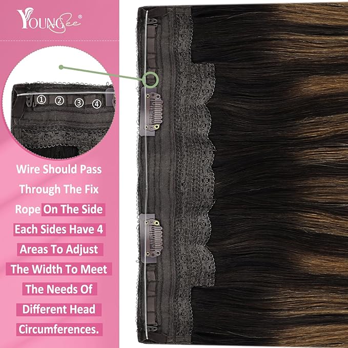 YoungSee Wire Extensions Balayage Straight Real Hair Wire Extensions Balayage Darkest Brown to Medium Brown Headband Wire Hair Extensions Real Human Hair Brown Silky Smooth Hair Extensions 18In 80G