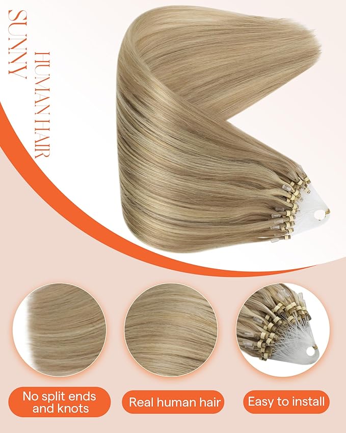 Sunny Hair Micro Link Hair Extensions Human Hair Sun-Kissed Glow,Soft Micro Link Hair Extensions Human Hair Golden Blonde Highlight Light Blonde,Upper Back 22inch 50g