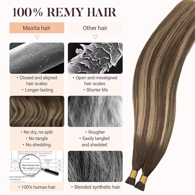 MAXITA I Tip Hair Extensions Human Hair, Balayage Chocolate Brown to Caramel Blonde 100g/50s 22 Inch,Comfortable Wear, 100% Remy Human Hair, Real Human Itip Keratin Hair Extensions