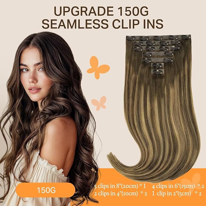 DOORES Invisible Edge Clip in Hair Extensions, Chocolate Brown to Caramel Blonde, 150g 7pcs 22 Inch Virgin Straight Human Hair Silky Weft