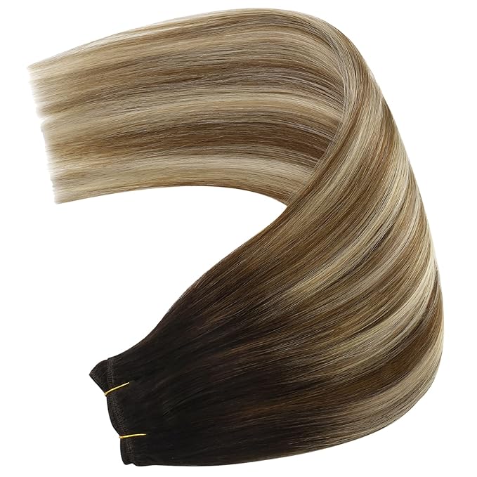 YoungSee Sew in Hair Extensions Real Human Hair Brown Balayage Weft in Extensions Darkest Brown to Brown with Blonde Rooted Brown Thick Human Hair Weft Extensions Long for Women 24Inch 100G