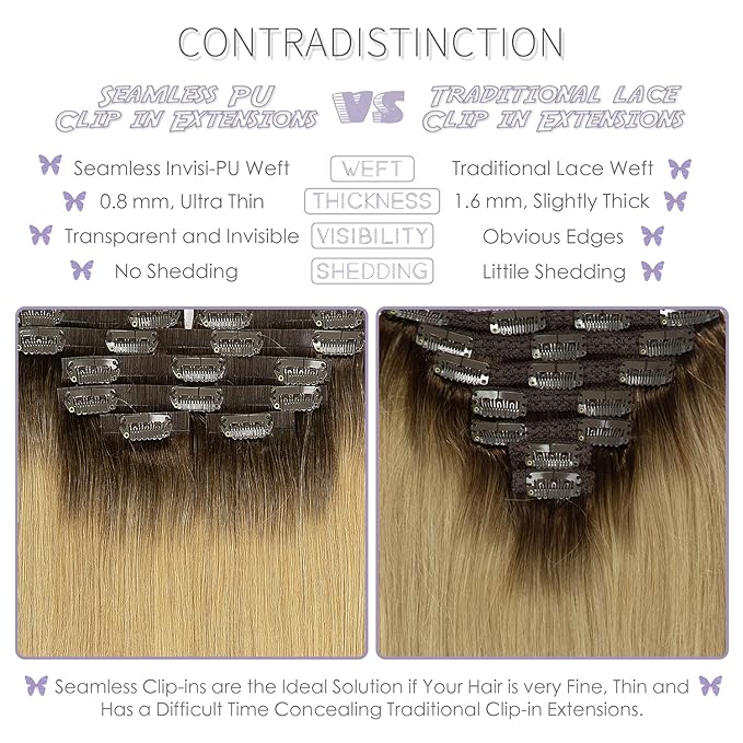 Lacer Seamless Clip in Hair Extensions Human Hair PU Glue Weft Clip on Hair Extensions R#4/18 Dark Brown with Ash Blonde Roots 16 Inch 110G 7pcs