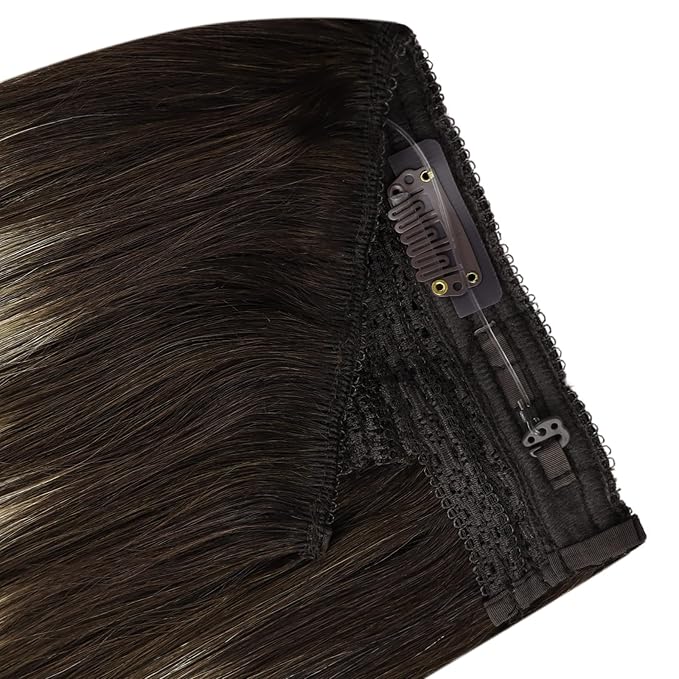 YoungSee Wire Hair Extensions Human Hair Balayage Fish Line Human Hair Extensions Ombre Dark Brown with Ash Blonde Straight Wire Extensions Real Human Hair Softness Human Hair Extensions 14Inch 80G