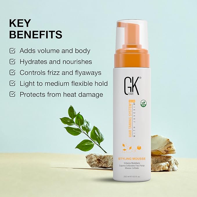 GK HAIR Global Keratin Volumizing Hair Styling Mousse (8.5 Fl Oz/250ml) -Enhances Curls Added Volume with Medium Hold & Boost Shine Moisturizing Blow Dry Frizz Control Foam for All Hair Types -Unisex