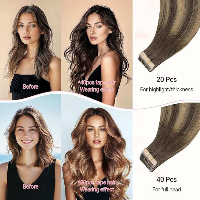 MAXITA Tape in Hair Extensions Human Hair, Balayage Chocolate Brown to Caramel Blonde, 16inch 50g 20pcs, Remy Silky Real Human Hair Extensions Thick Ends Straight Seamless Tape in Hair Extensions