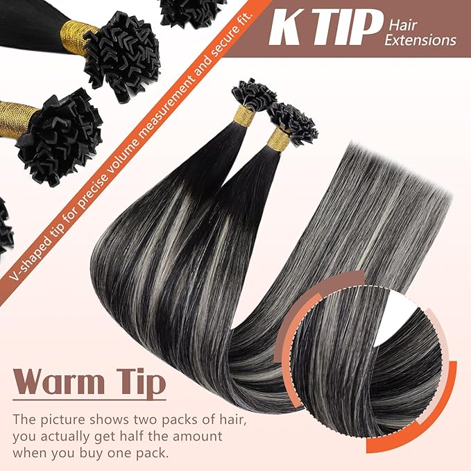 Sunny Hair K Tip Extensions Real Human Hair Ombre Black Ktip Hair Extensions Natural Black Roots to Silver Grey Balayage 22inch 50g