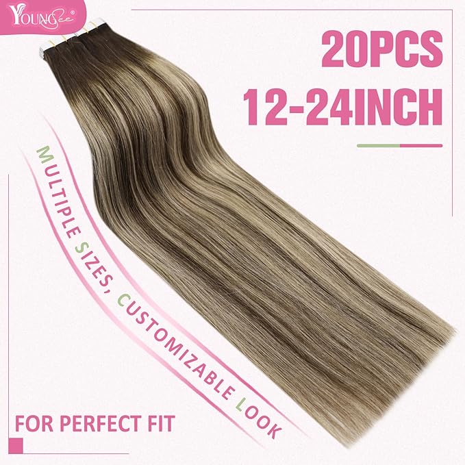 YoungSee Tape in Extensions Human Hair Balayage Tape ins Human Hair Extensions Balayage Dark Brown with Ash Blonde Tape in Hair Silky Straight 20 Inch 20pcs 50g Long-Lasting
