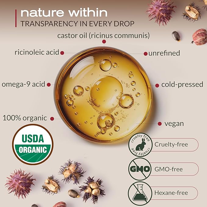 Ella & Eden Castor Oil Organic – Cold Pressed Hexane-Free Unrefined Glass Bottle | Castor Oil For Hair Growth, Face, Skin | USDA Certified 100% Pure – 16 Oz