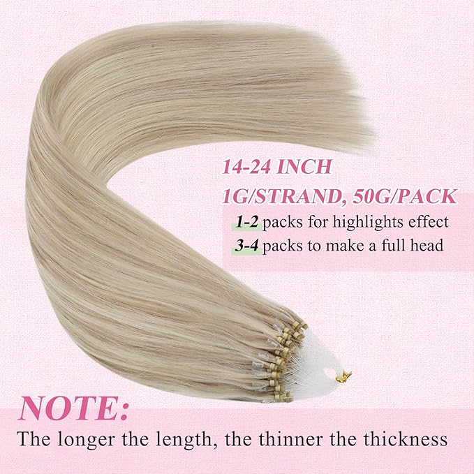 YoungSee Micro Link Hair Extensions Human Hair Blonde Micro Bead Hair Extensions Real Human Hair Blonde Highlights Ash Blonde Micro Ring Hair Extensions Silky Straight 18In Bead Hair Extension 50g 50s