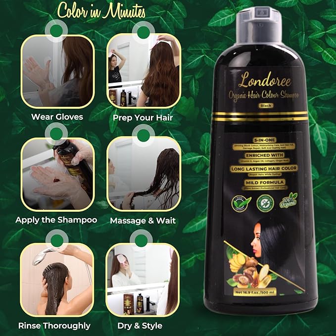 5-in-1 Hair Dye Shampoo for Gray Hair - Ammonia-Free with Vitamin E, Argan Oil & Collagen - Moisturizes, Repairs, and Colours in 15 Minutes - 500 ML (Black Hair)