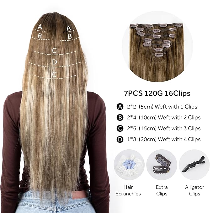 Clip in Hair Extensions Real Human Hair, Silky Straight Remy Hair Extensions for Women, Balayage Walnut Brown to Ash Brown and Bleach Blonde #3TP8/613 18Inch 120G 7PCS