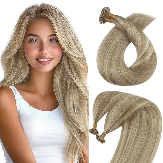 Sunny Hair K Tip Hair Extensions Blonde Ktip Hair Extensions Human Hair Ash Blonde Highlight Golden Blonde Ktips Hair Extensions Human Hair Pre Bonded Fusion Hair Extension Soft and Silky 20inch 50g