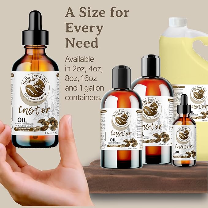 Bella Terra Oils - Organic Castor Oil 4oz Glass Bottle - Luxuriate with Cold-Pressed Organic Castor Goodness, Overflowing with Palmitic Acid, Perfect Skin Partner