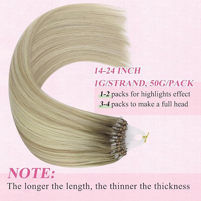 YoungSee Micro Loop Hair Extensions Real Human Hair Blonde Bead Hair Extensions Human Hair Ash Blonde Ombre Platinum Blonde Microbead Human Hair Extensions Balayage Add Hair Length 22In 50s/50g