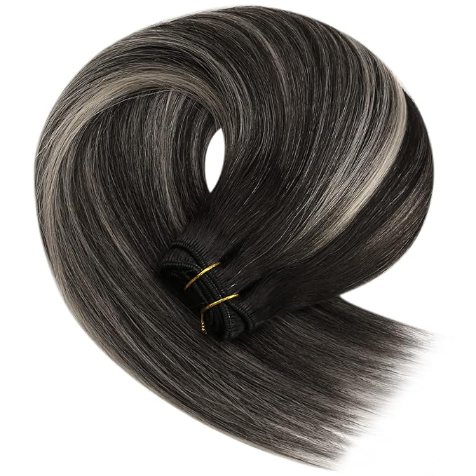 YoungSee 125G Weft Hair Extensions Human Hair Ombre Black Sew in Extensions Human Hair Blend Of Black And Silver with Black Roots Sew in Real Hair Extensions 22In Long Hair Weft