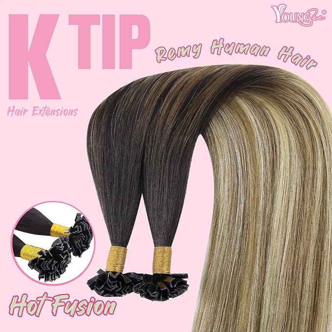 YoungSee K Tip Hair Extensions Real Human Hair Balayage Ktip Extensions Ombre Dark Brown Roots to Blonde K Tips Human Hair Extensions for Long Hair 24Inch 50s/50g Pre Bonded Hair Extensions Add Length