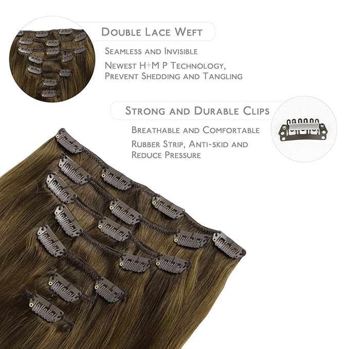 WENNALIFE Hair Extensions Clip In, 24 Inch 120g 7pcs Clip in Hair Extensions Real Human Hair Ombre Walnut Brown to Ash Brown and Bleach Blonde Remy Coloured Human Hair Extensions