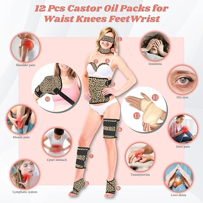 12 Pcs Castor Oil Pack Wrap, Reusable Castor Oil Pack Kit Organic Cotton for Shoulder Hands Neck Waist Chest Knees and Feet, Adjustable Compress Pads for Entire Body, Machine Washable Anti Oil Leak