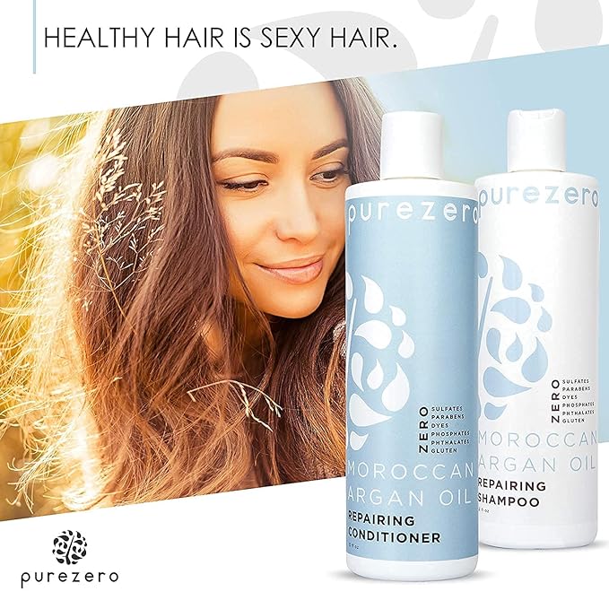 Purezero Moroccan Argan Oil Shampoo & Conditioner set - Repair Damaged Hair - Fight Dandruff & Frizz - Zero Sulfates, Parabens, Dyes, Gluten - Vegan & Cruelty Free (20 FL Oz (Pack of 2))