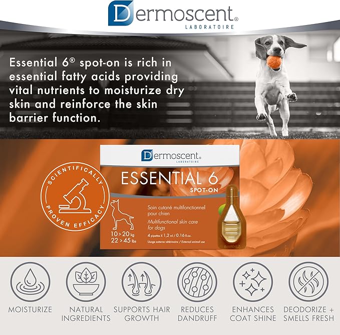 Dermoscent Essential 6 spot-on - Dog Skin Care for Dandruff & Allergy Relief with Vitamin E Oil - Anti Itch for Dogs - Natural Ingredients for Sensitive Skin - Dogs 10-20 kg - 4 Pipettes of 1.2 ml