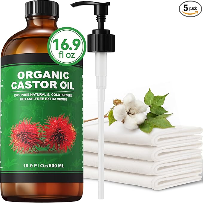 16.9 oz Castor Oil Organic Cold Pressed Unrefined Glass Bottle | 4 Pcs Castor Oil Pack Wrap Organic Cotton Reusable, Caster Oils Kit for Face, Hair, Eyelashes, Waist, Knee, Body